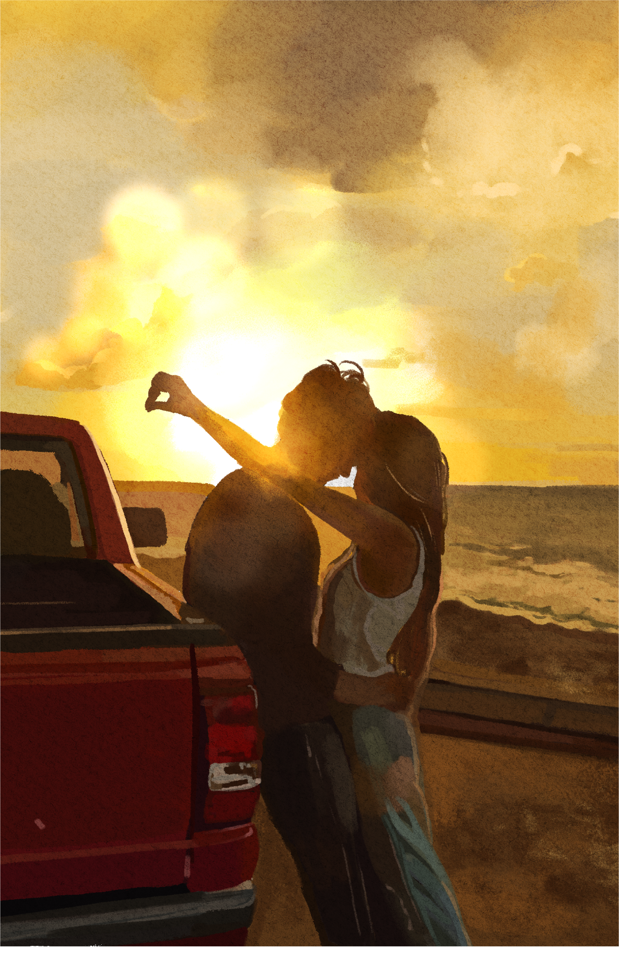 A woman with curly hair and a man are embracing on a beach at sunset, with the woman making a fist in the air. There is a red vehicle in the foreground and the sky is filled with yellow and orange clouds.