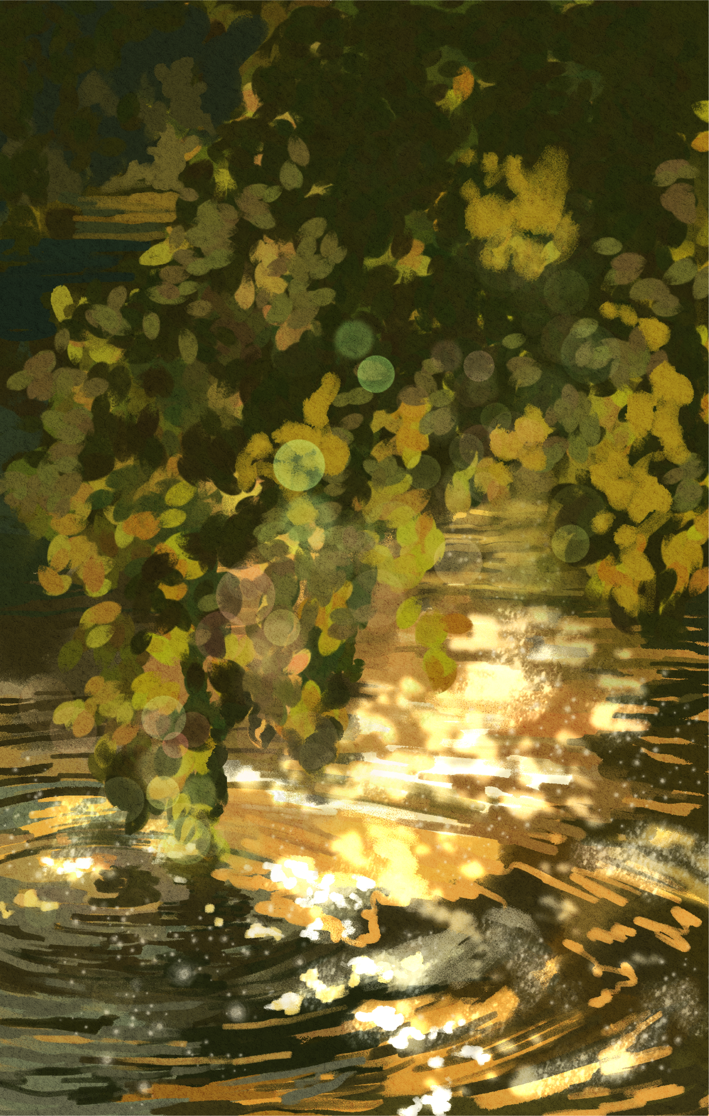 A hanging cluster of green grapes over a body of water at sunset, with sunlight reflecting off the surface.