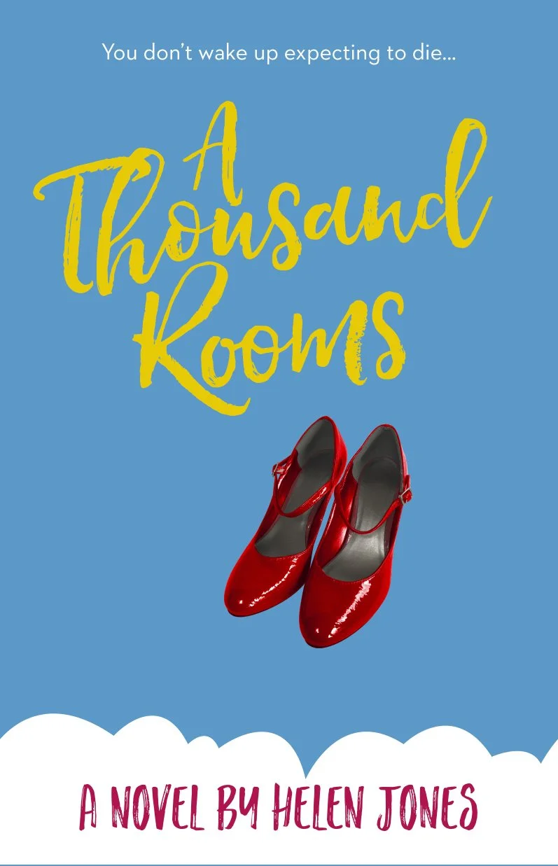 Book cover for 'A Thousand Rooms' by Helen Jones, featuring a pair of shiny red shoes on a blue background with white cloud-like accents at the bottom.