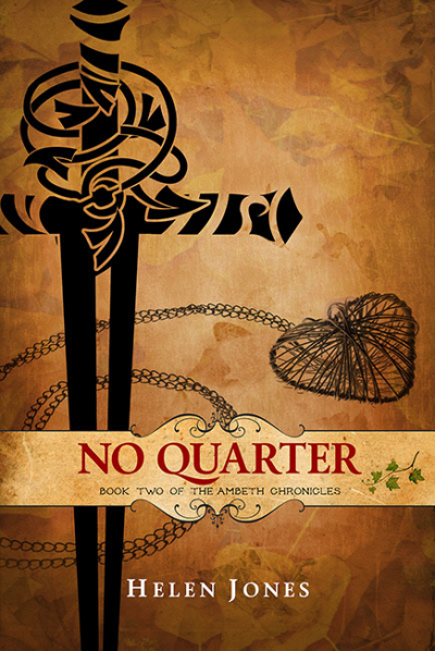 Book cover for 'No Quarter' by Helen Jones, featuring a stylized black sword with a wrapped handle, chains, and a heart-shaped leaf in the background with a textured brown and gold background.