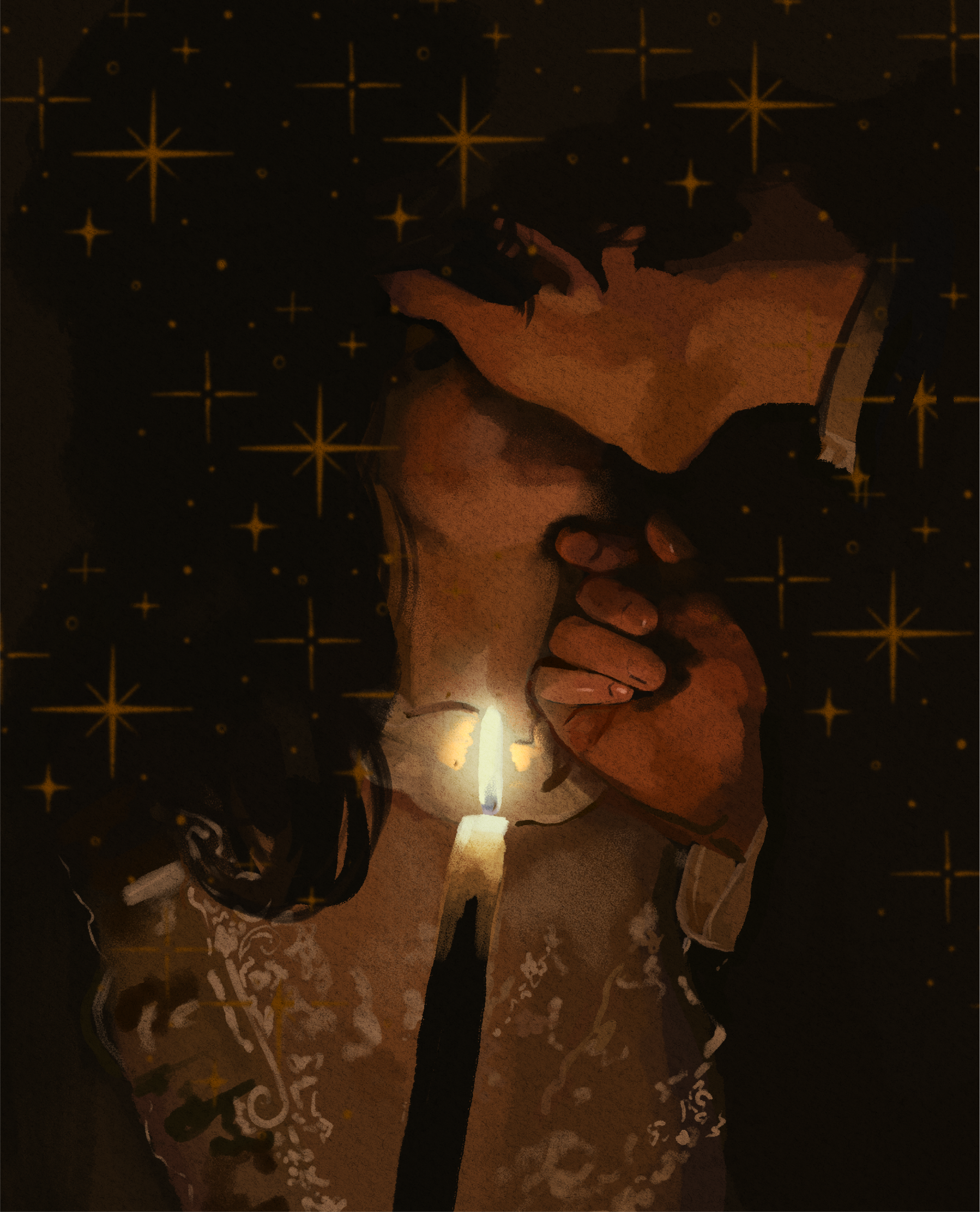 A person holding a lit candle close to their face, surrounded by a dark background decorated with gold star patterns.
