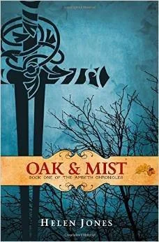 Cover of the book 'OAK & MIST' by Helen Jones, featuring a blue background with a barren tree and stylized black tribal artwork.
