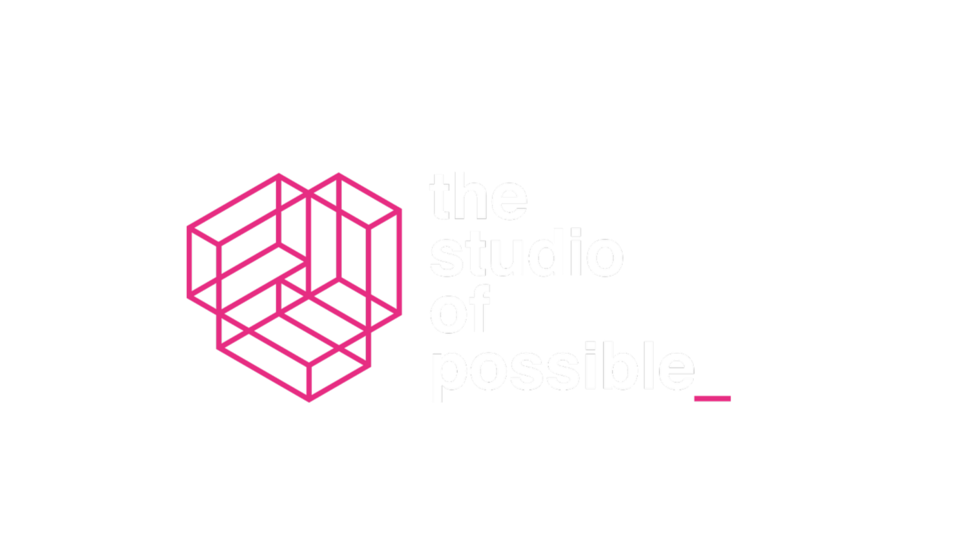 Logo for the studio of possible with a pink geometric cube design and white text on a black background.