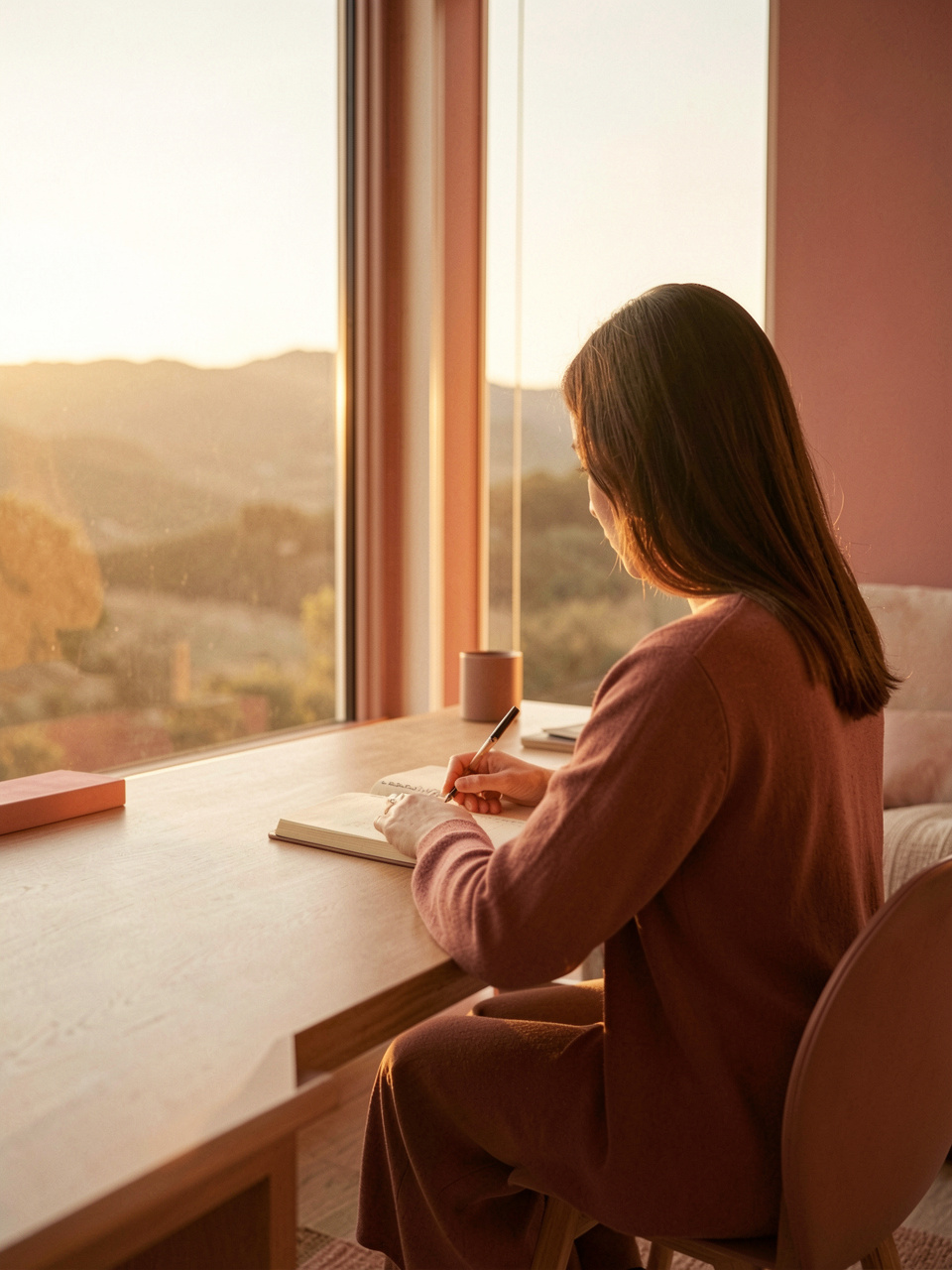 A woman sitting at a desk near a window, writing in a notebook during sunset with a view of trees and hills outside.