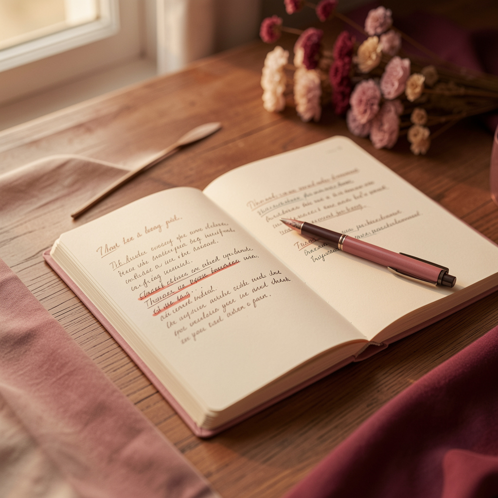 An open notebook with handwritten text, pink and black pen resting on it, and a bouquet of pink and white flowers on a wooden table near a window.