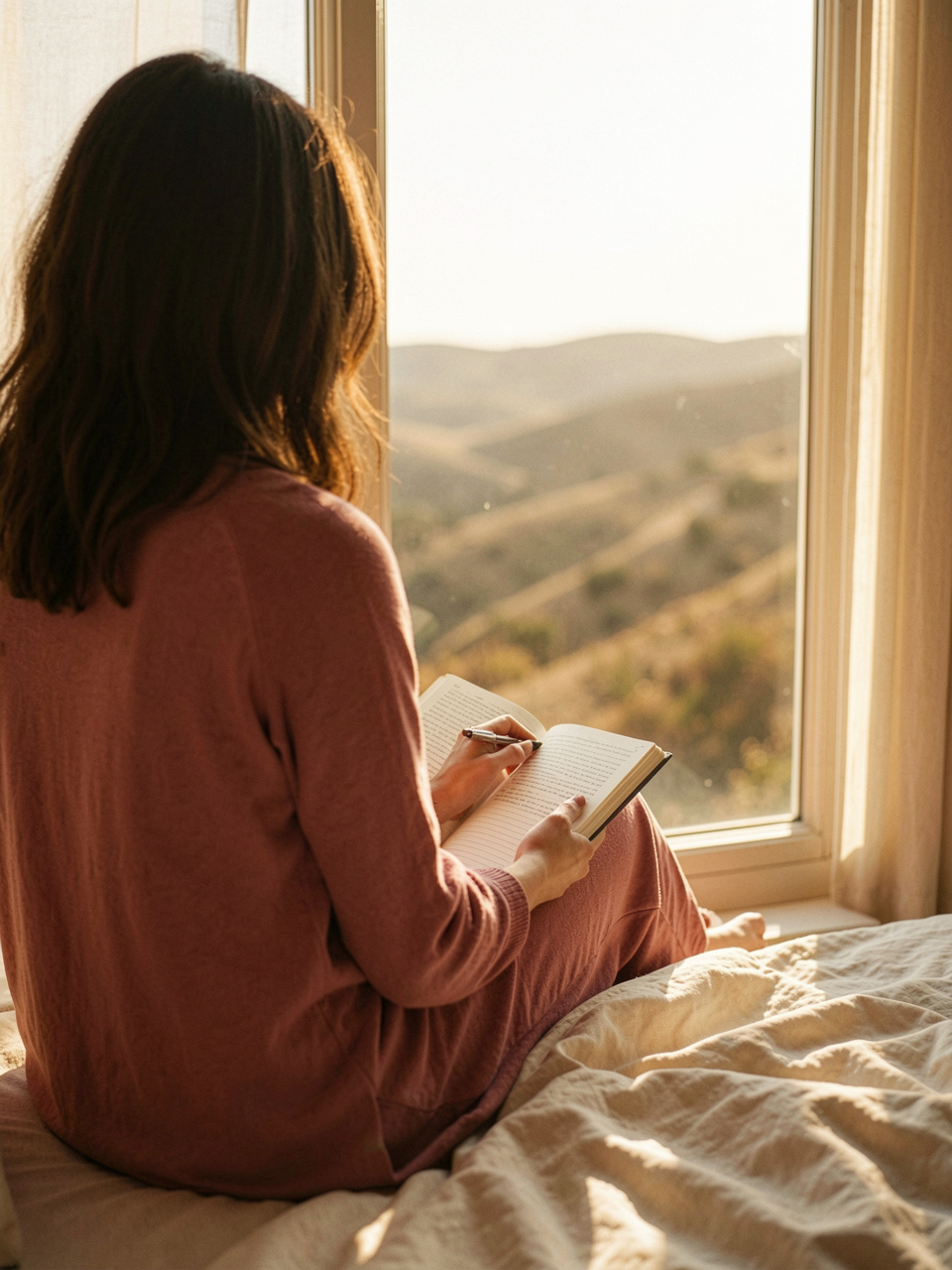 Girl on the bed with a notebook in her hands