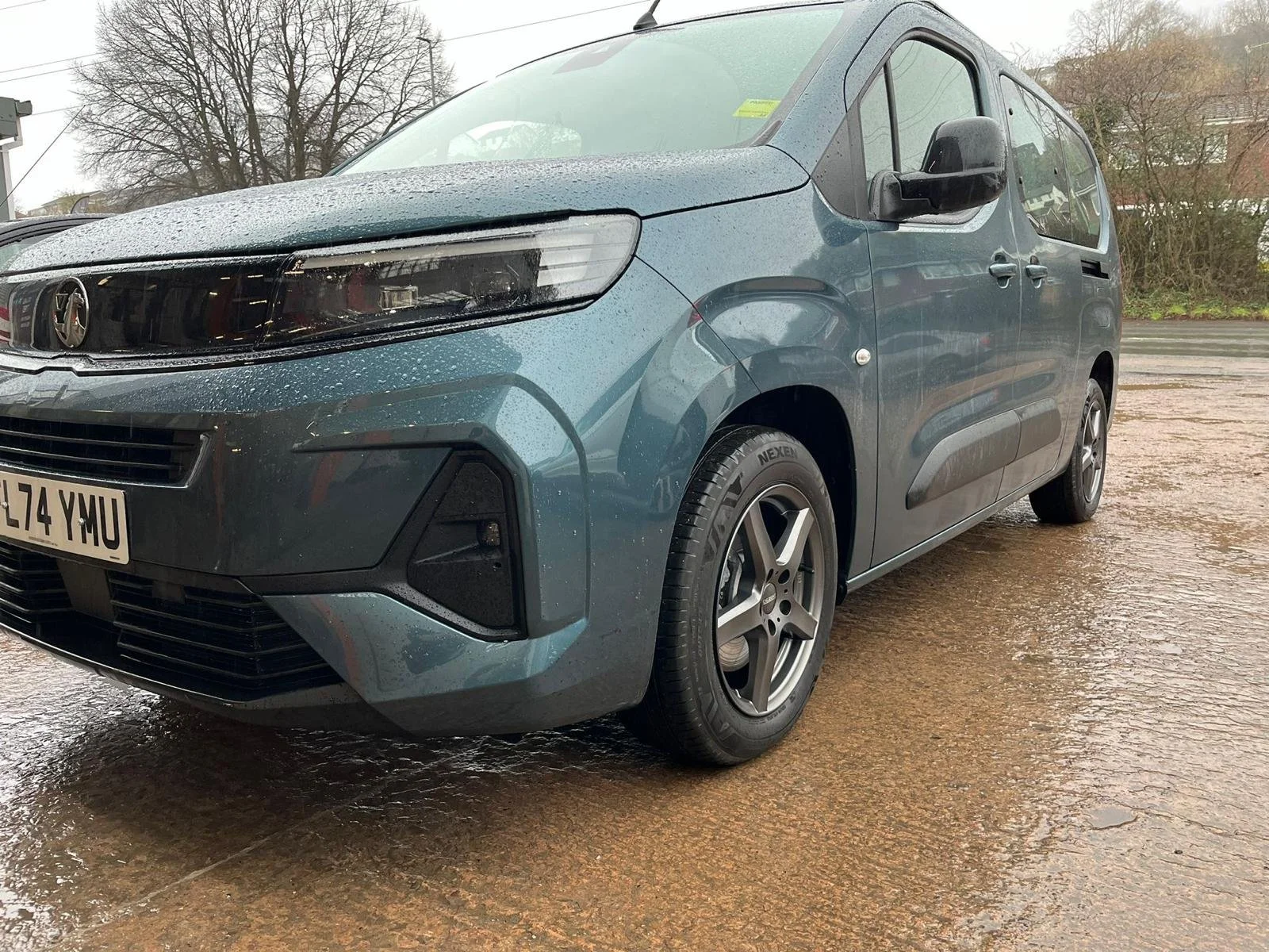 Gray compact van parked on a wet pavement with raindrops on the surface and raindrops on the vehicle. In the background, there are leafless trees and some buildings.