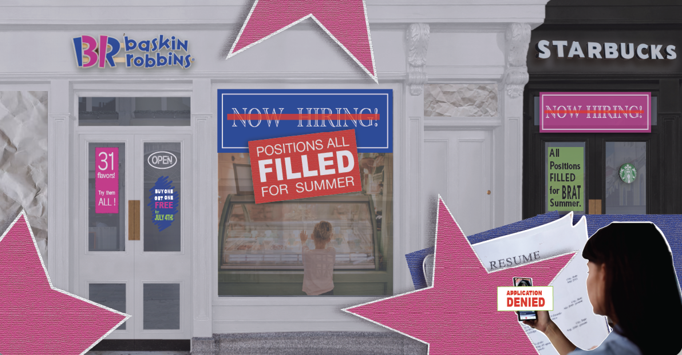 This piece is currently in publication. It explores the decline of summer job opportunities for teenagers, driven in part by an increasing number of postsecondary students and recent graduates competing for the same entry-level positions. The illustr