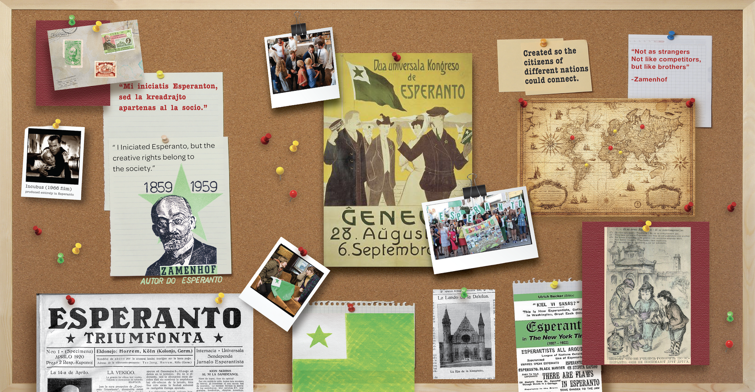 This piece involved extensive research into Esperanto culture, language, and film to create an informed and visually engaging illustration.
