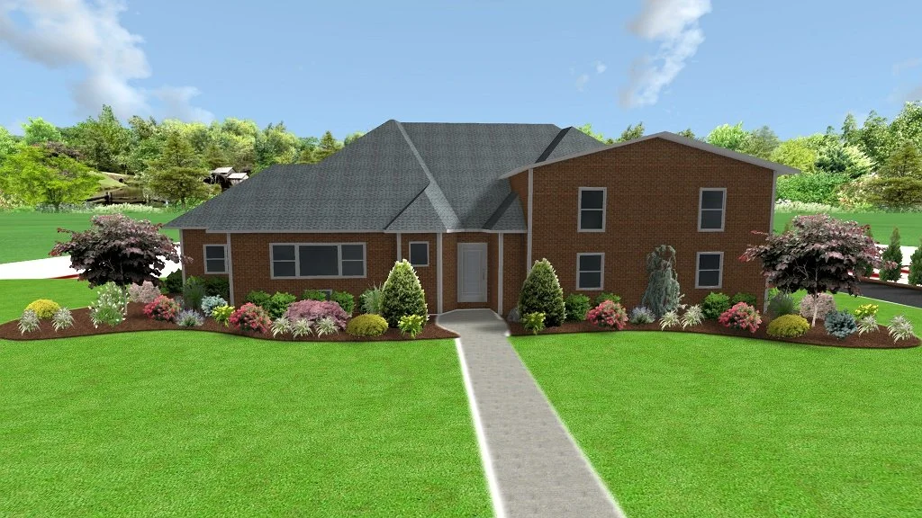 3D rendering of a brick ranch home with symmetrical front yard landscaping, flowering shrubs, and a concrete walkway — Green Nature Landscape Design