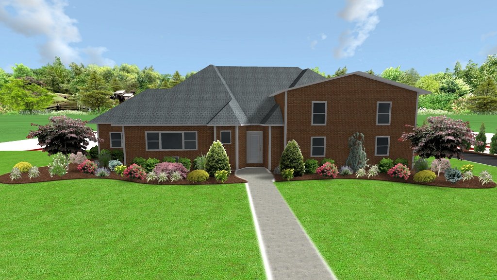 Landscape renovation rendering featuring plantings and paver walkway design. - Green Nature Landscape Design
