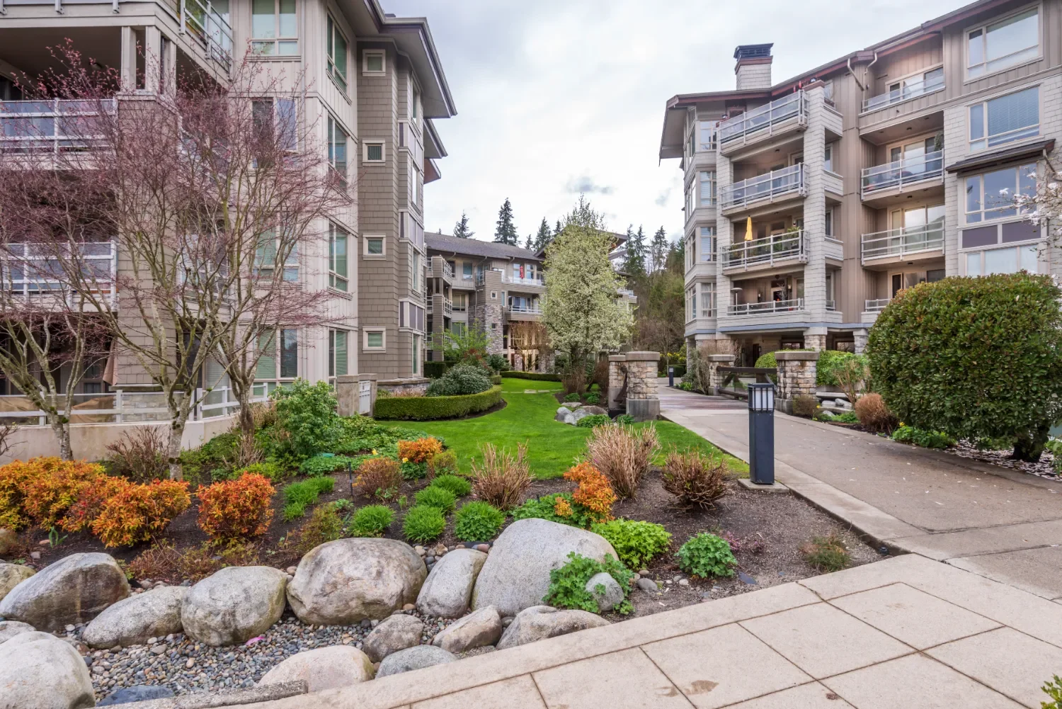 Landscaped courtyard with mixed shrubs, boulders, and manicured lawn between multi-story residential buildings