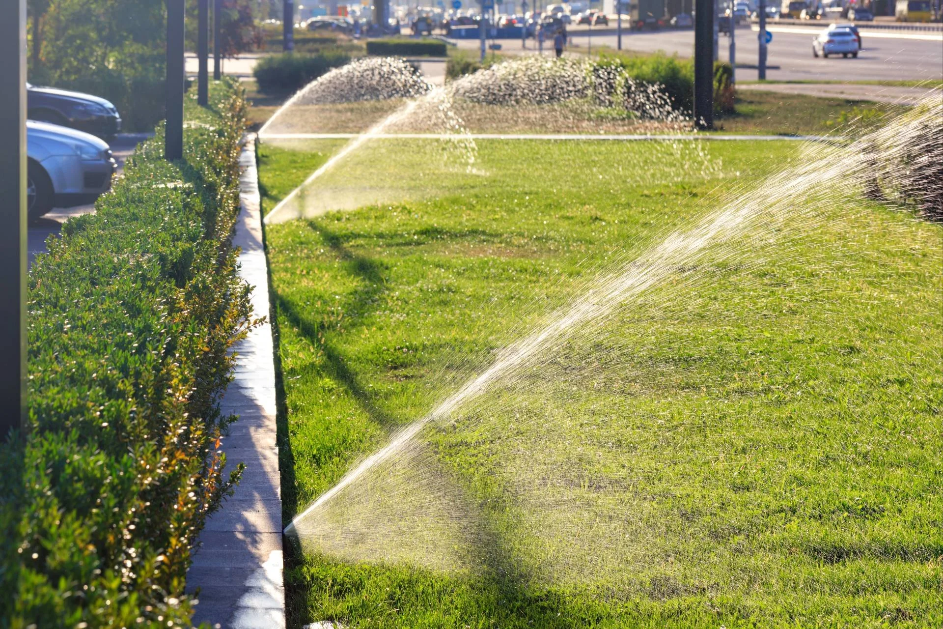 Commercial irrigation sprinklers watering a roadside turf median bordered by trimmed shrubs and a sidewalk