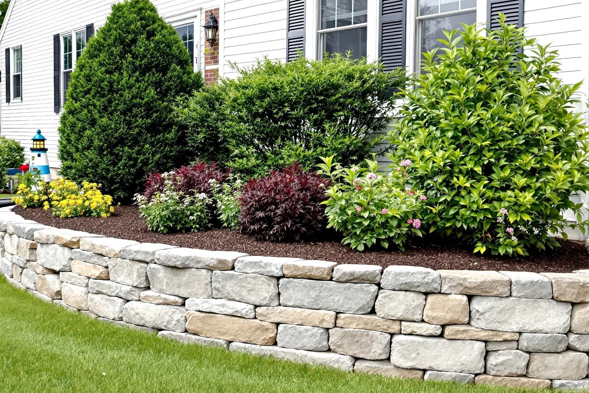 Natural stone retaining wall with layered plantings including evergreens, red shrubs, and flowering perennials.