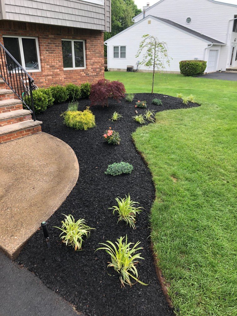 Balanced planting bed design installed along a front walkway. - Green Nature Landscape Design