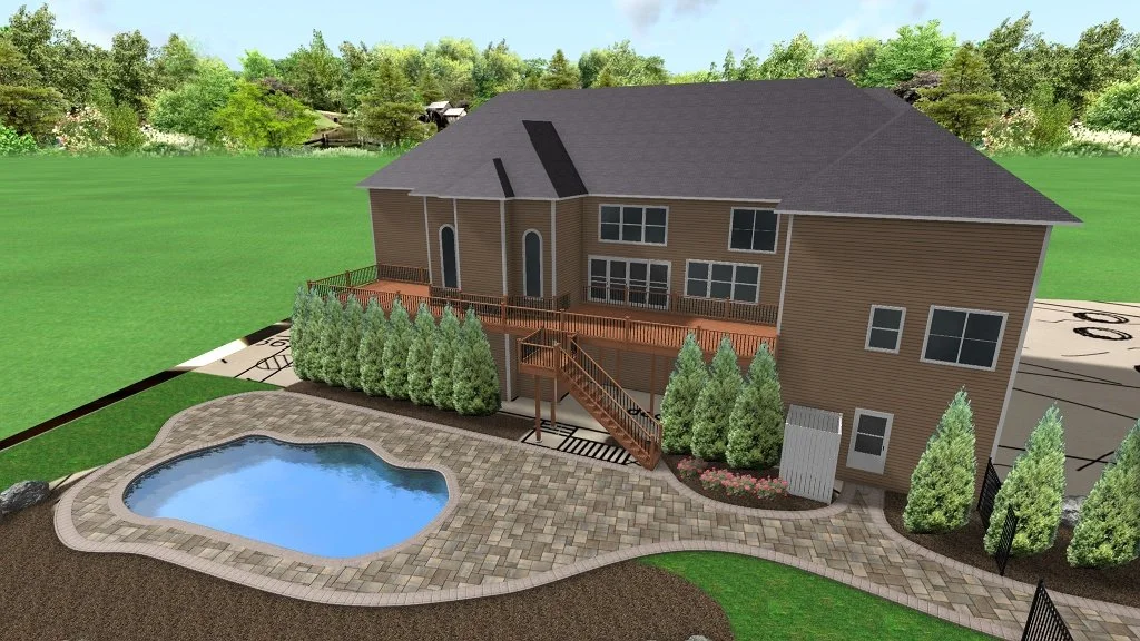 3D landscape rendering of a backyard with a pool, deck, staircase, and evergreen plantings — Green Nature Landscape Design