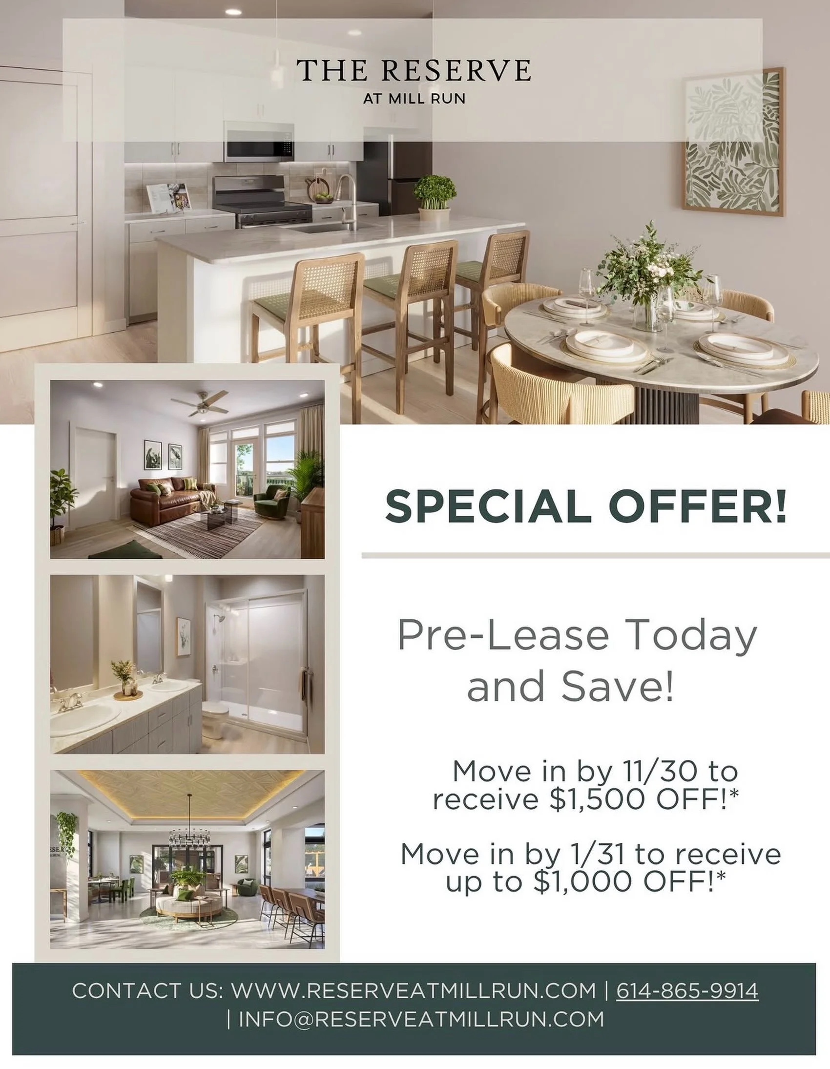 Your next chapter comes with a little extra savings. 🤎🏡

Pre-lease your new home at The Reserve at Mill Run and take advantage of our move-in specials! ✨

🍂 Move in by 11/30 and receive $1,500 OFF!*
❄️ Move in by 1/31 and receive up to $1,000 OFF!