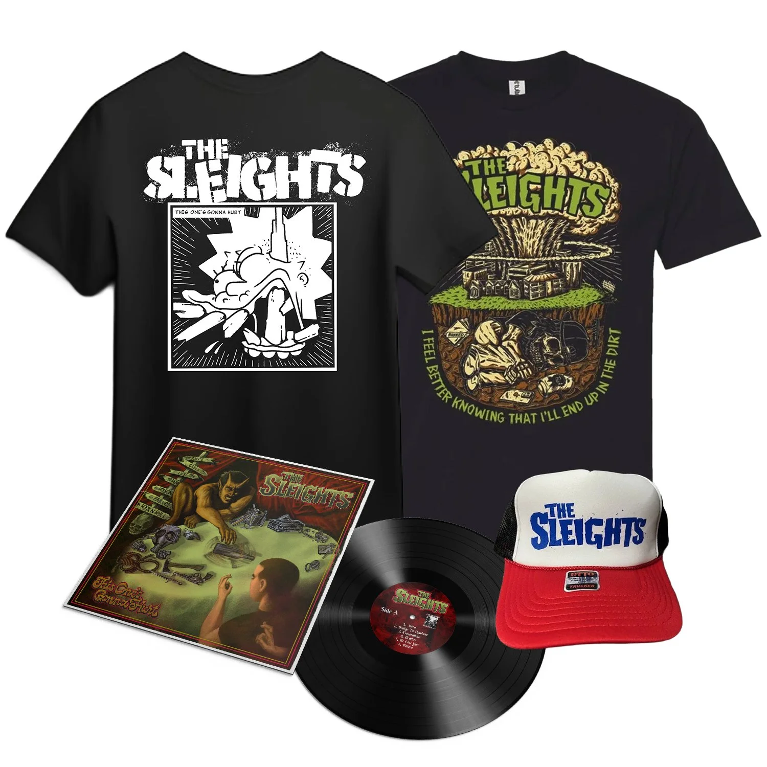 Music album merchandise including two T-shirts with designs referencing The Sleights band, a vinyl record, a band logo patch, and a record cover with band artwork.