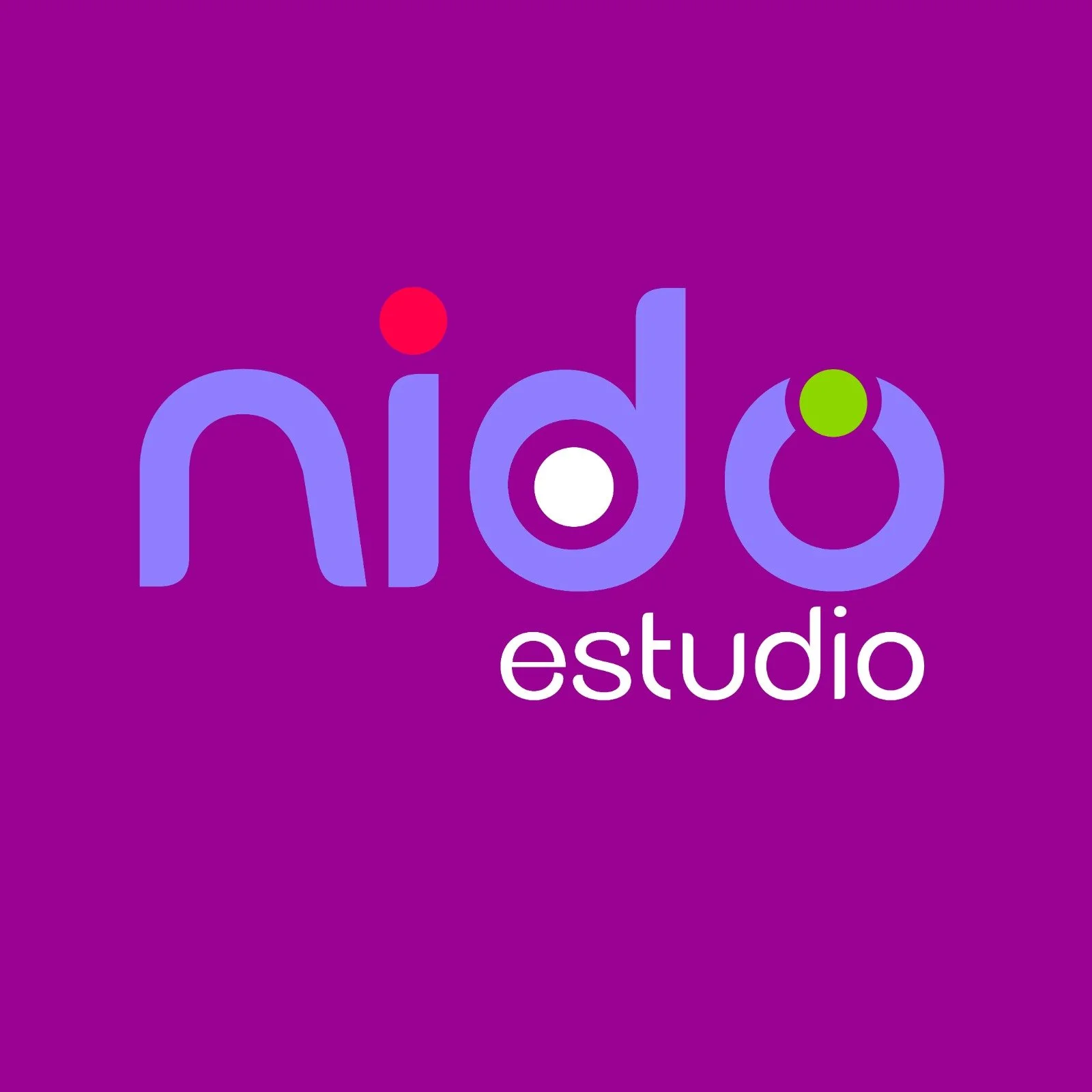 Colorful logo for Nido Estudio with purple background, stylized text, and decorative dots.