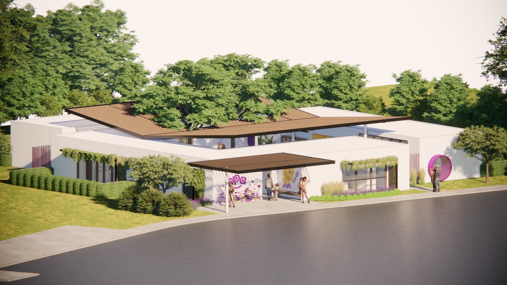 Architectural rendering of a modern single-story building with white exterior walls, large windows, and colorful decorations. The building has a flat roof with an overhang, trees surrounding it, and people walking and sitting outside, indicating it may be a community or commercial space.