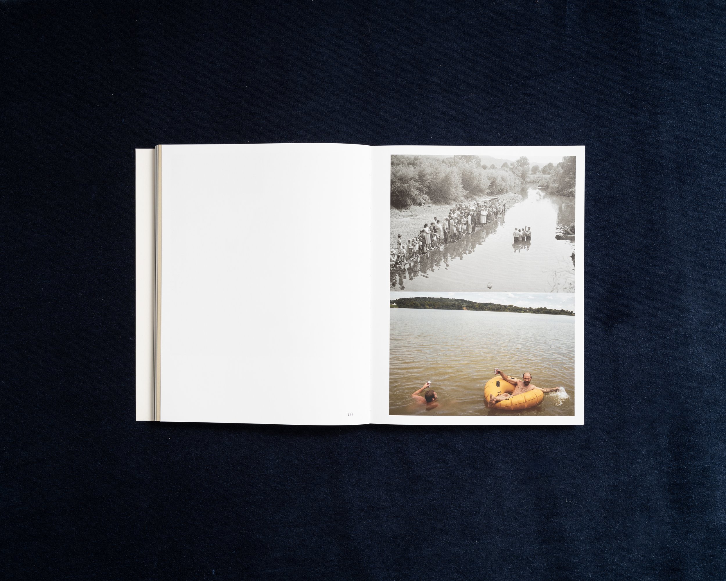 Photobook spread comparing historical and contemporary scenes of people gathered in water