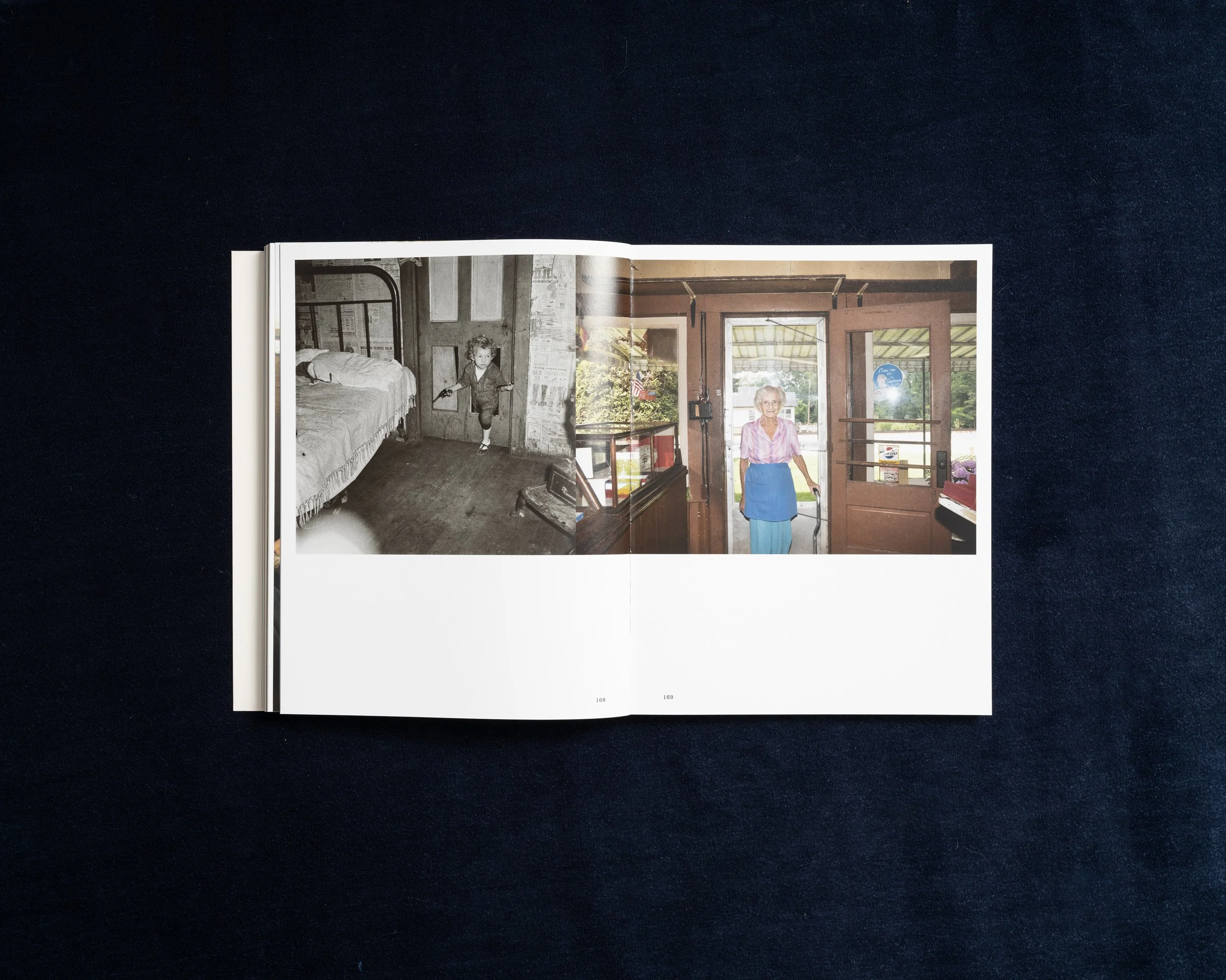 Photobook spread pairing an archival domestic interior with a contemporary portrait inside a shop