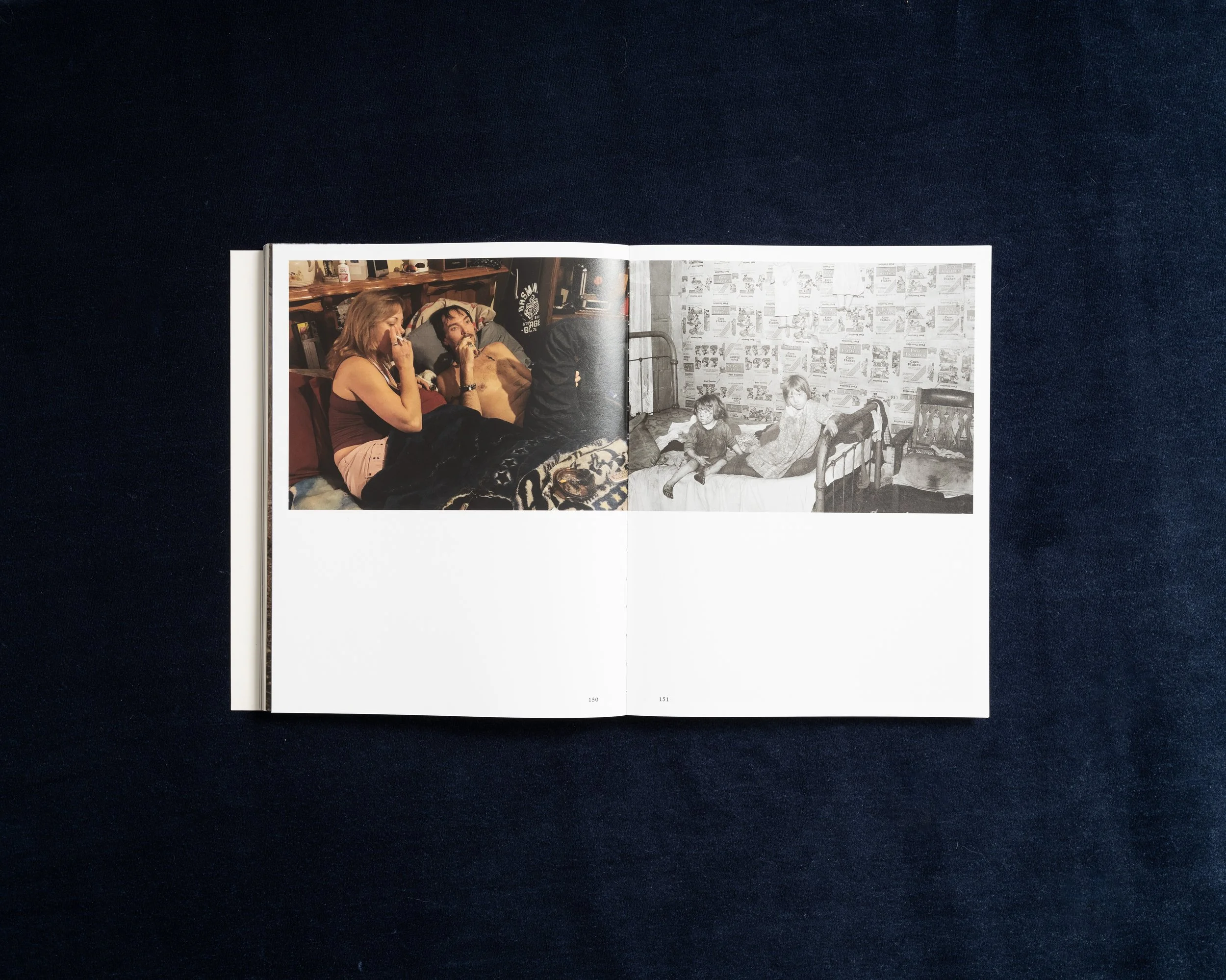 Photobook spread pairing a contemporary domestic scene with an archival family photograph