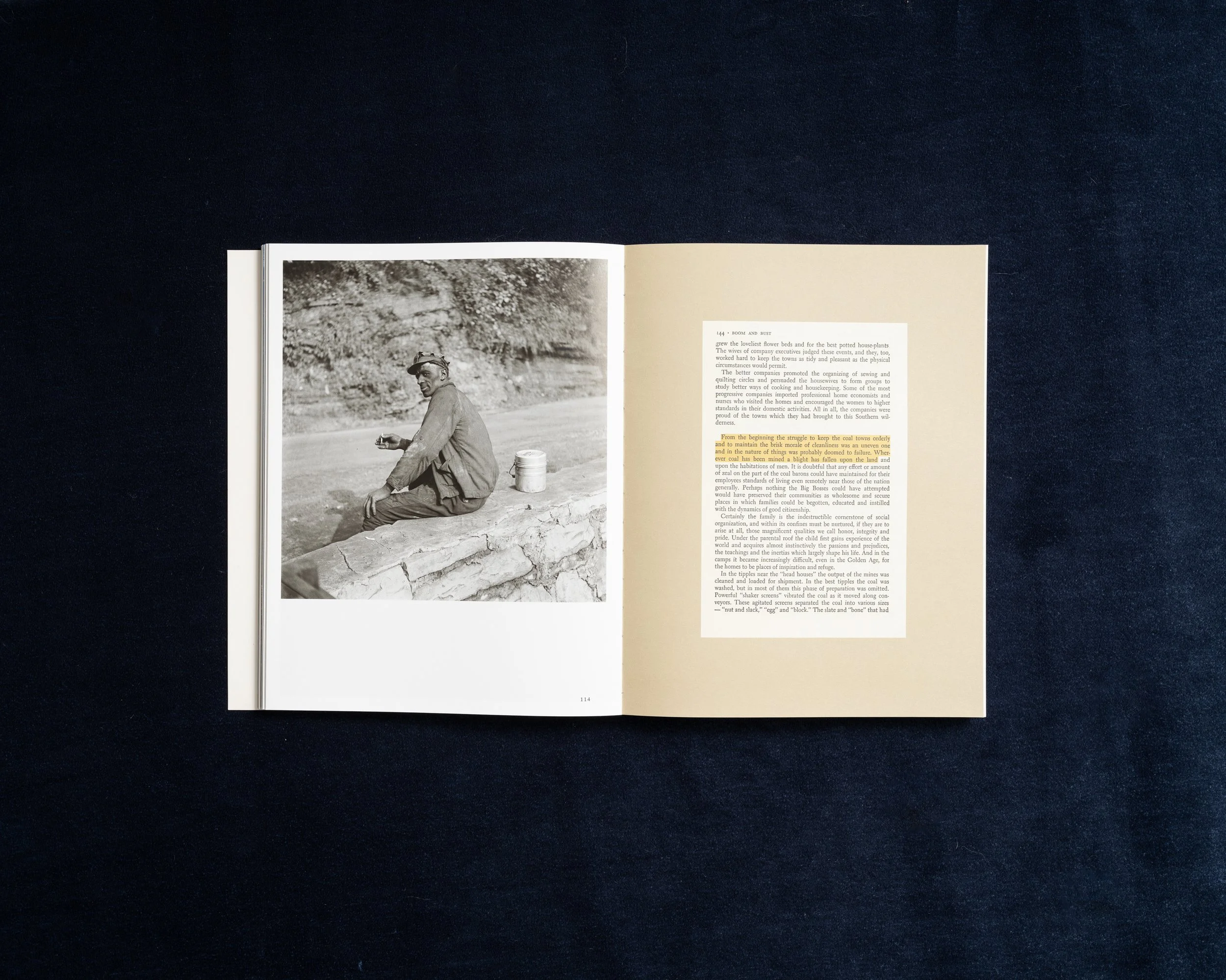 Photobook spread with an archival roadside photograph and historical text about Appalachia
