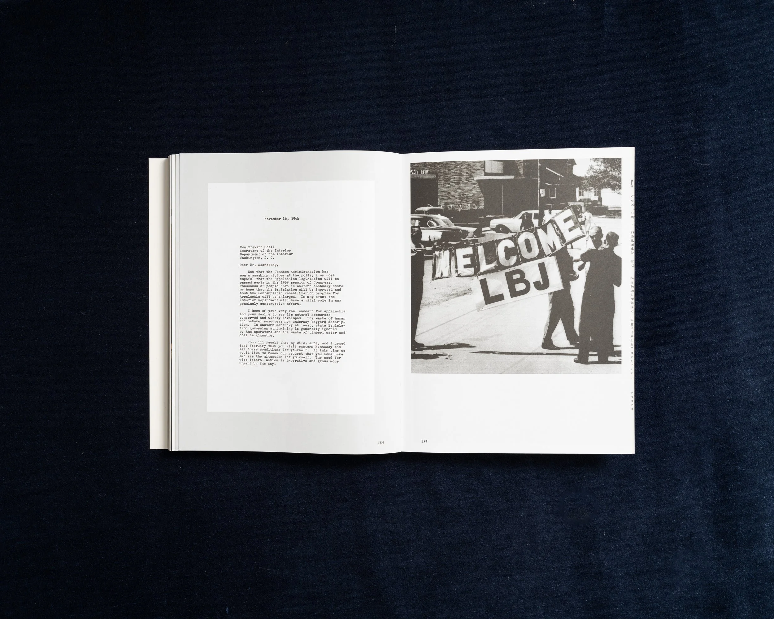 Historical document and Welcome LBJ photograph reproduced in Stacy Kranitz’s photobook