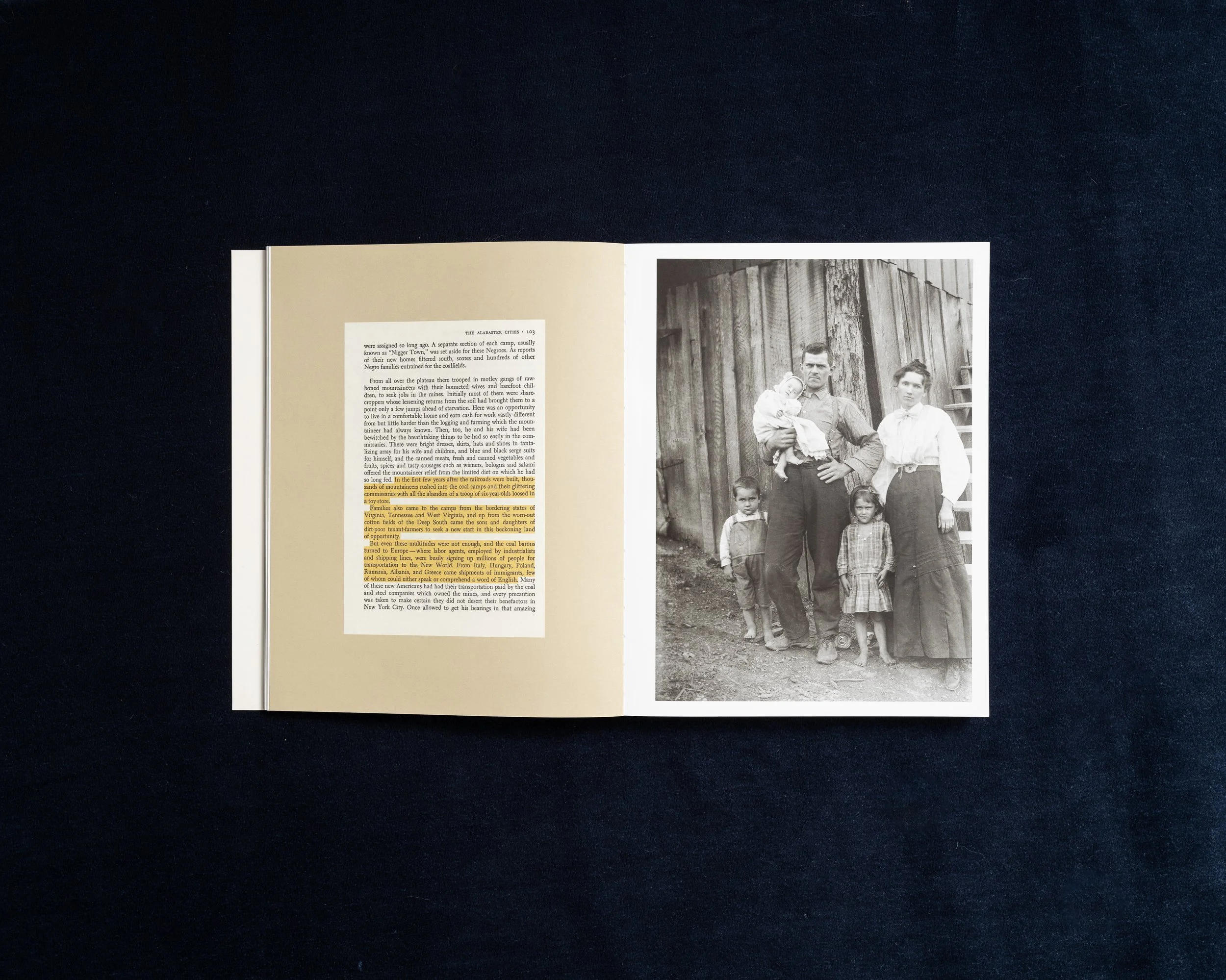 Photobook spread pairing archival text with a historical Appalachian family portrait