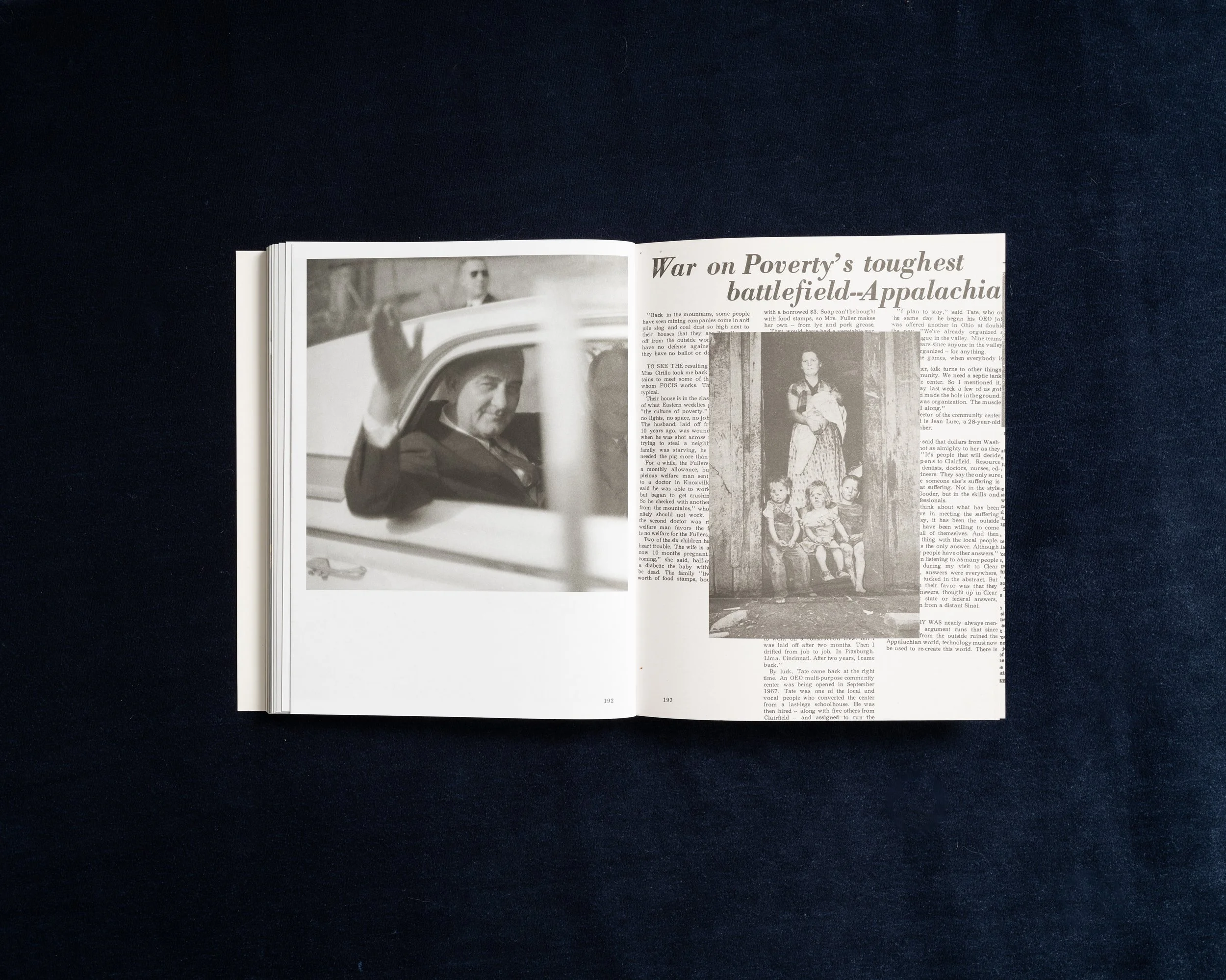 Photobook spread featuring archival photographs and a War on Poverty article about Appalachia