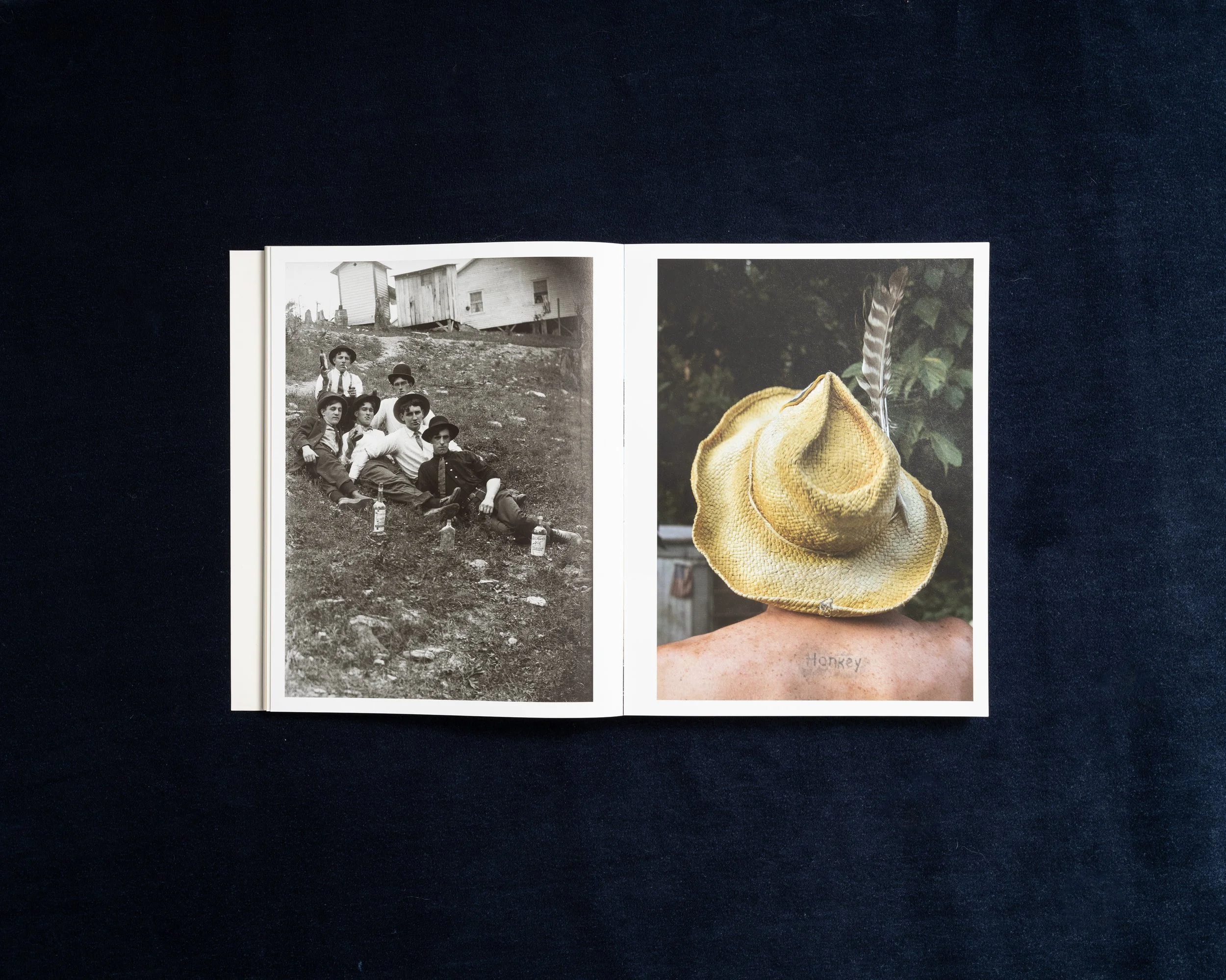 Photobook spread pairing an archival group portrait with a contemporary photograph of a person in a straw hat