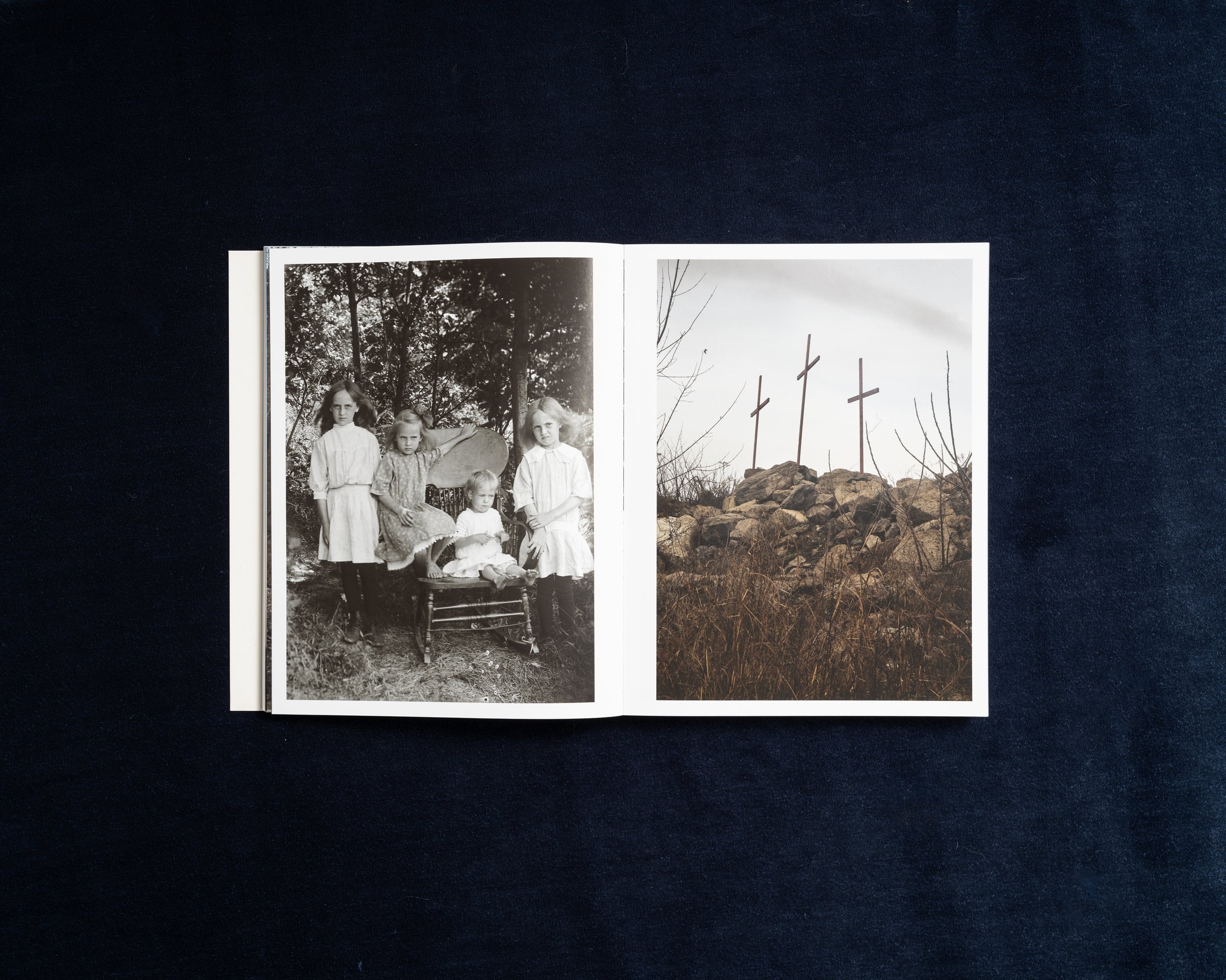Photobook spread pairing an archival portrait of children with a photograph of three crosses in Appalachia