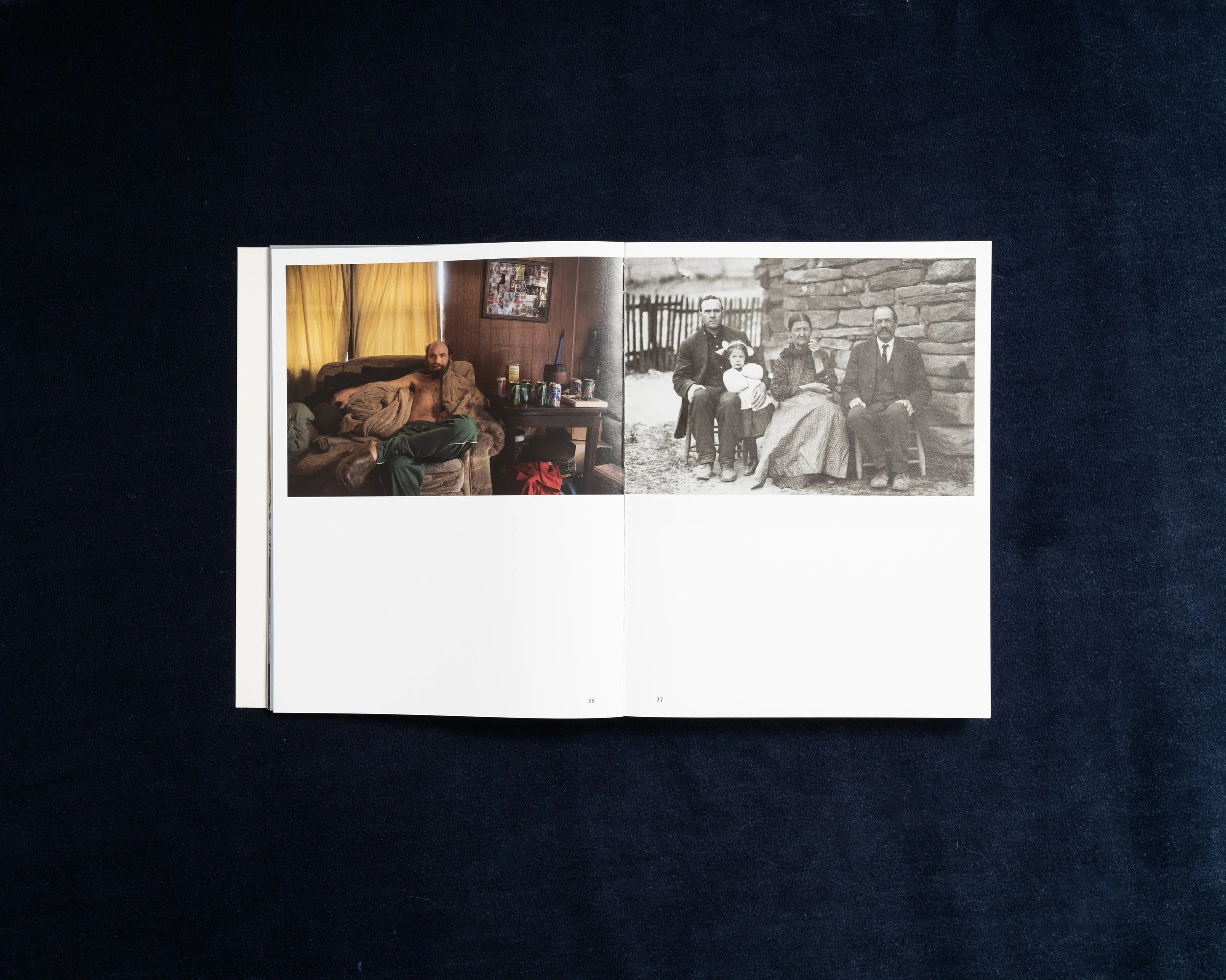 Photobook spread pairing a contemporary portrait with an archival Appalachian family photograph