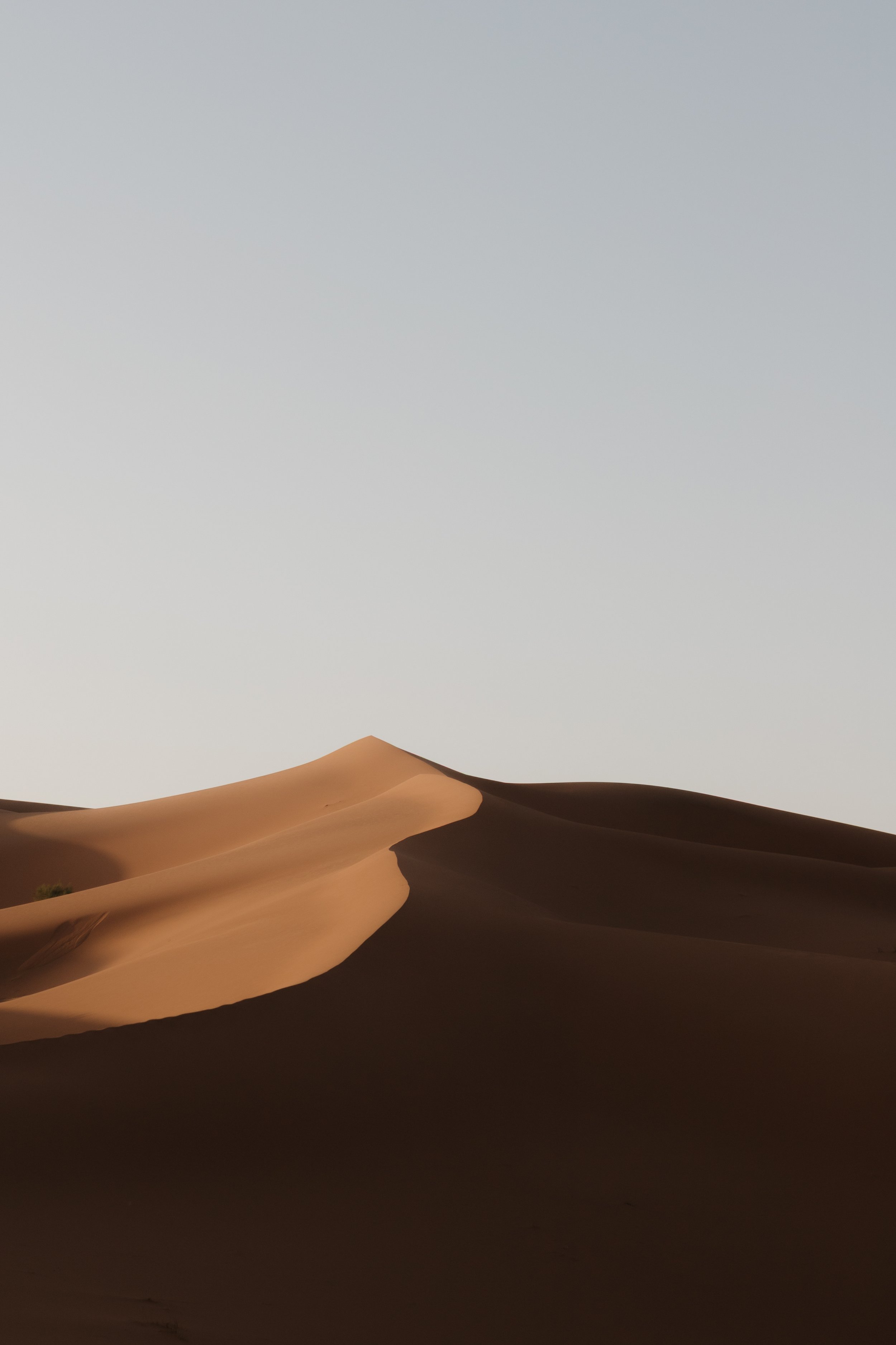 Sand dunes in a desert under a clear sky.