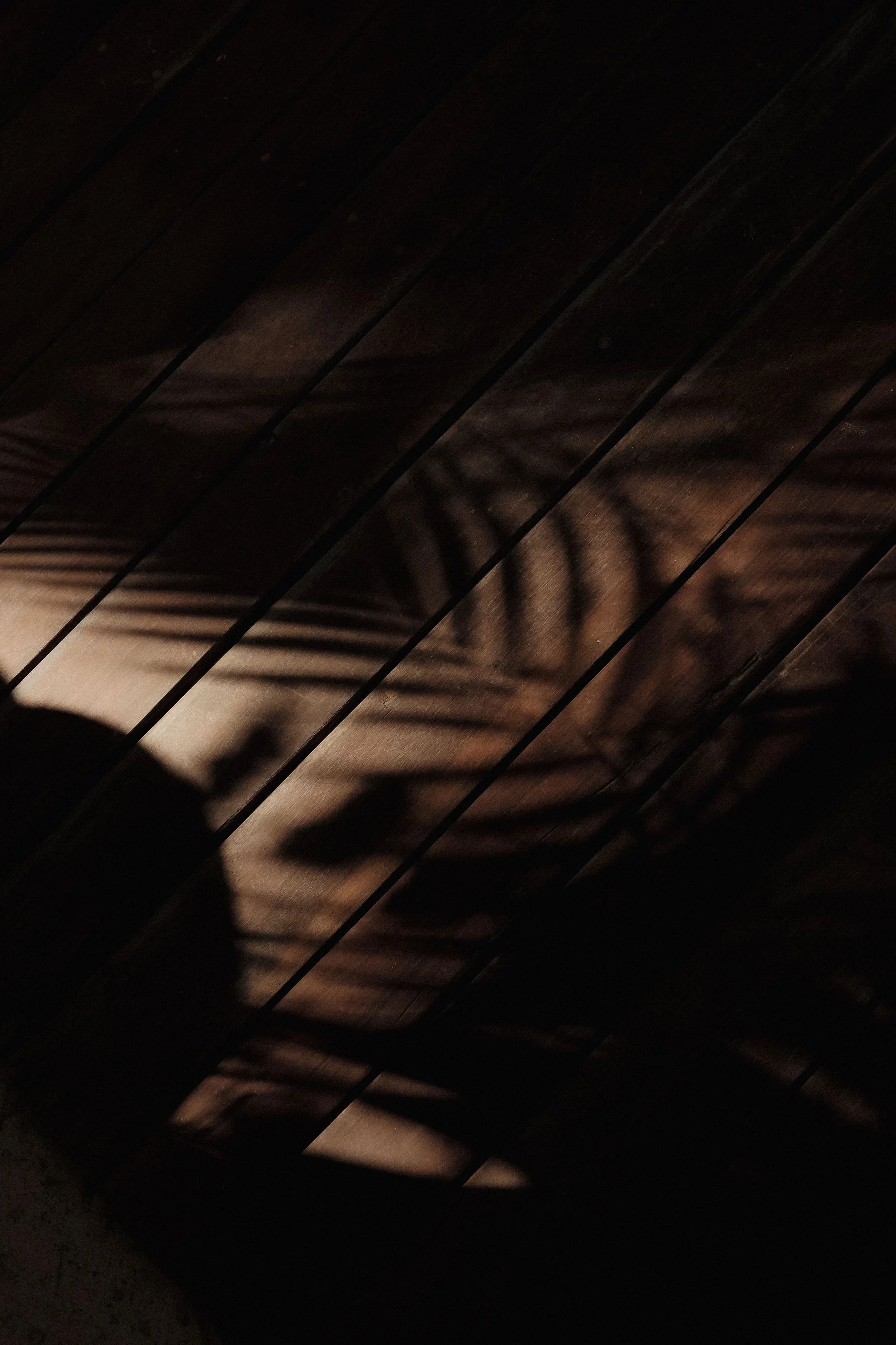 Dark wooden ceiling with shadows cast by nearby window blinds.