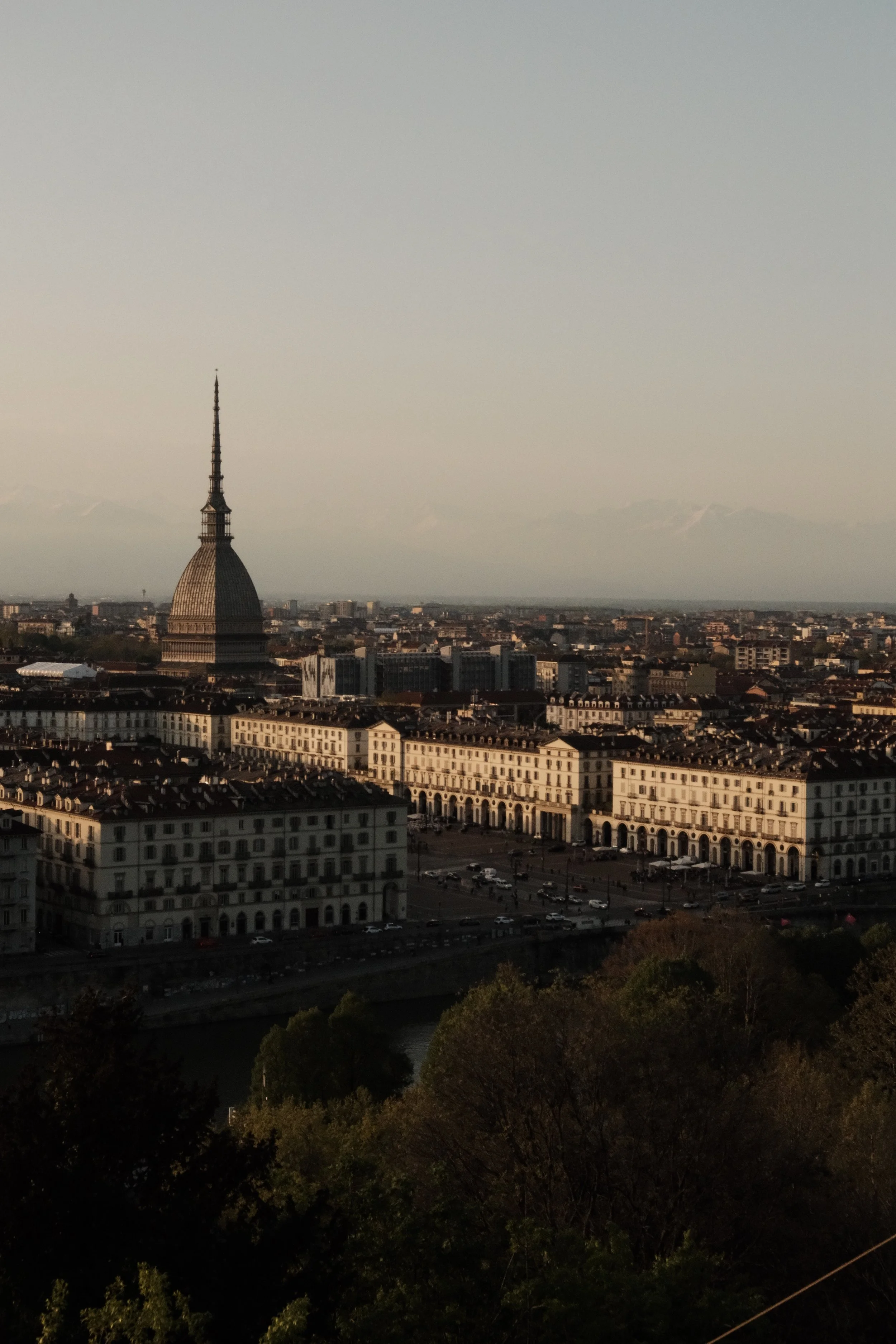 Cityscape with a prominent dome and tall spire building, numerous buildings, a river with trees along the bank, and mountains in the distance under a pale sky.