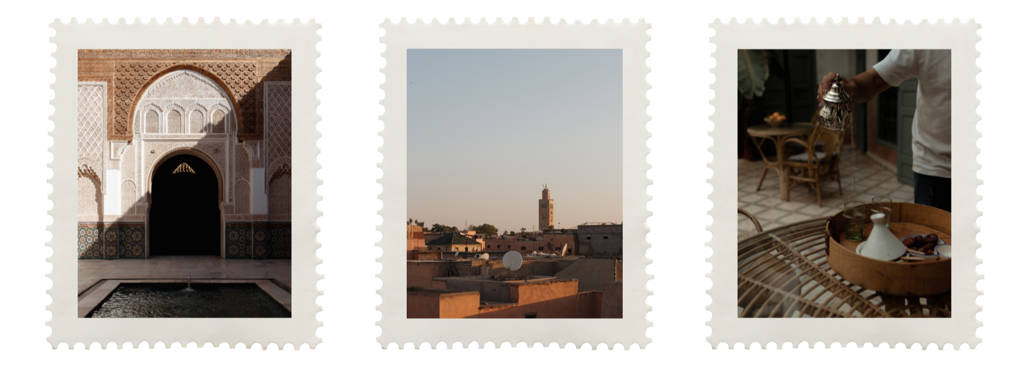 Three photographs: One shows an ornate Moroccan-style doorway with a small fountain in front; another captures a cityscape at sunset with a prominent tower and satellite dish; the third depicts a person pouring tea into glasses at an outdoor dining table.