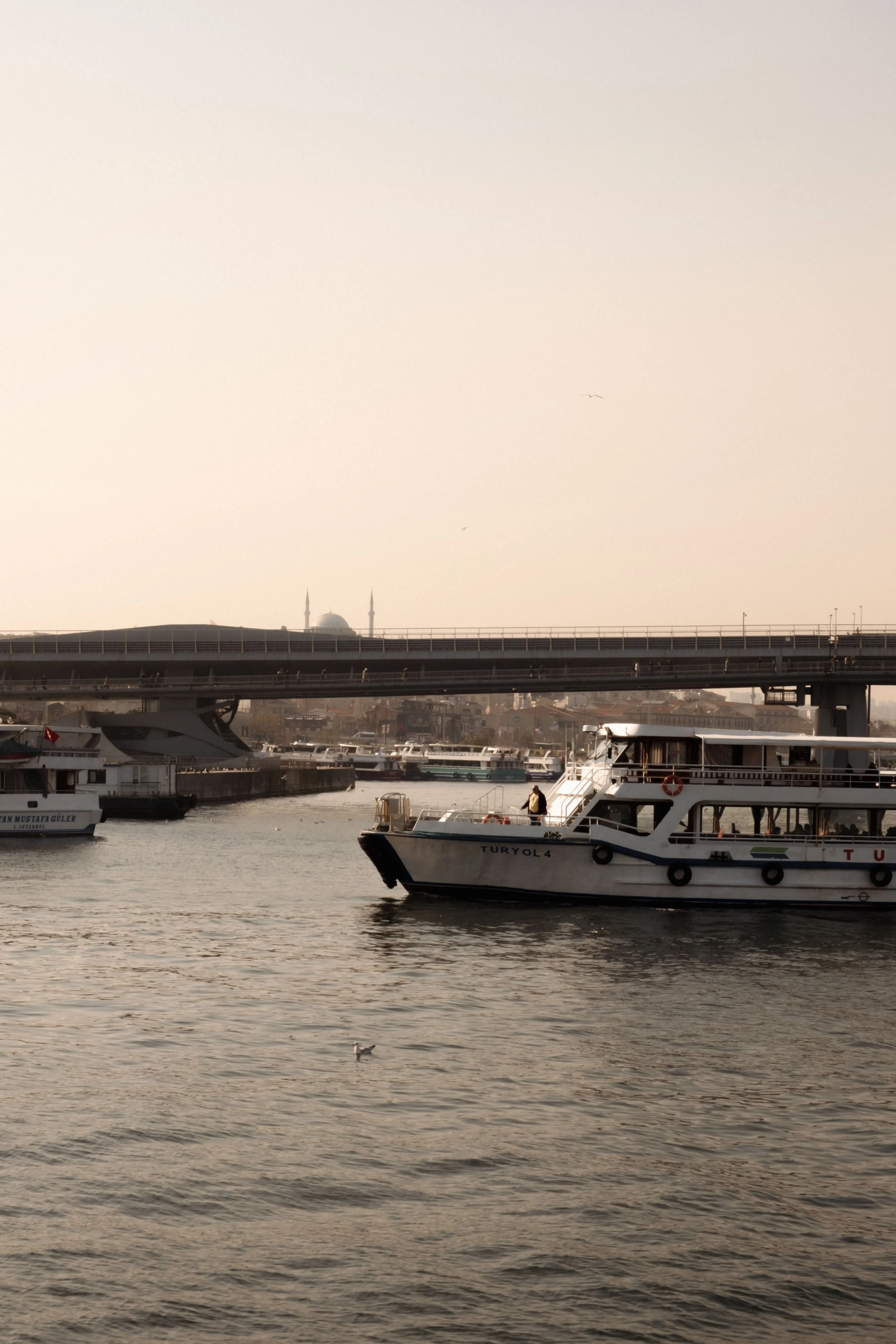 A harbor scene at sunset with boats floating in the water, and a mosque with minarets visible in the background. The sky is clear with some birds flying, and the water reflects the warm tones of the setting sun.