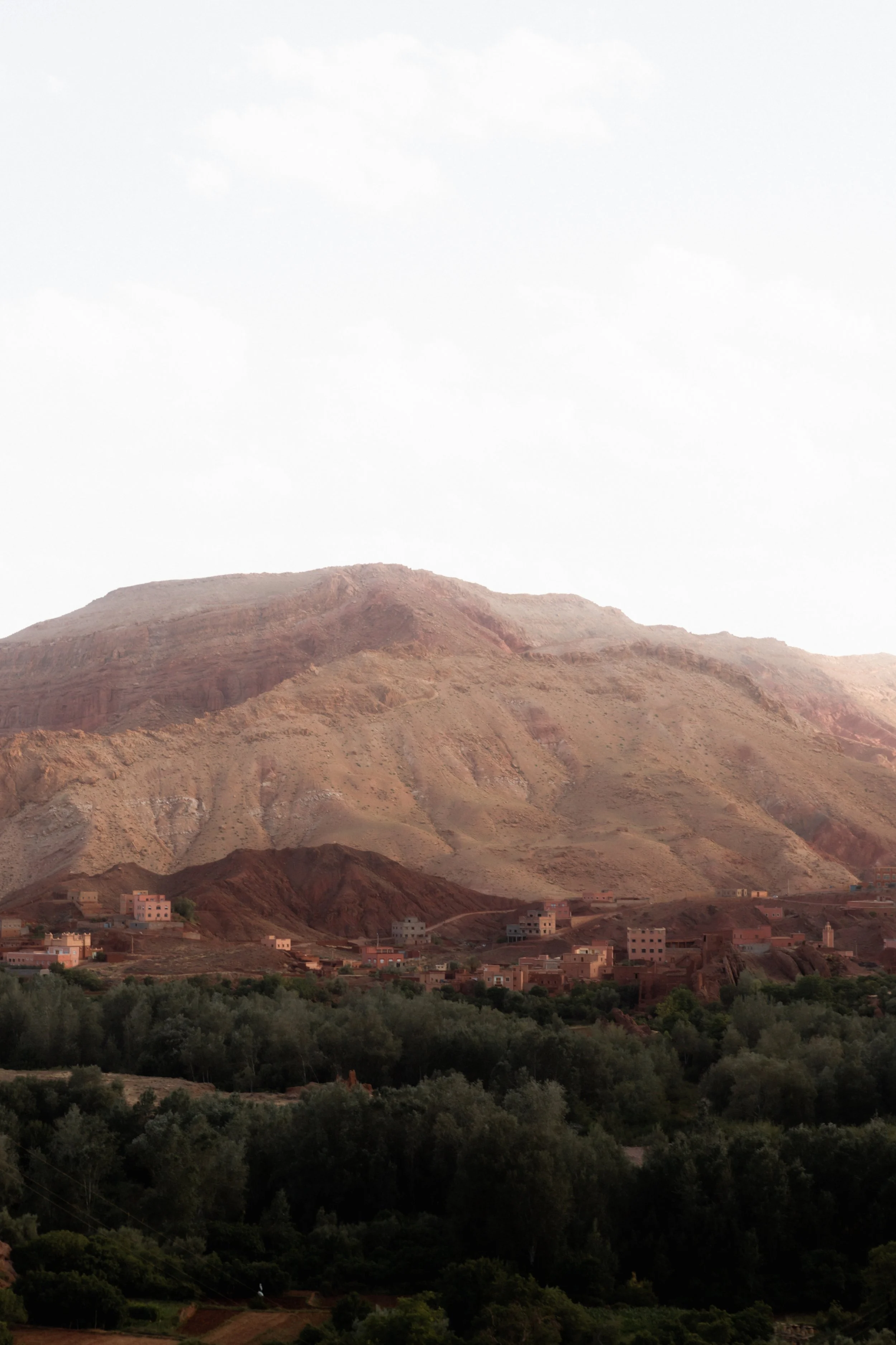 Mountain landscape with a small village at the base, surrounded by green trees in the foreground and a rocky mountain with sparse vegetation in the background under an overcast sky.