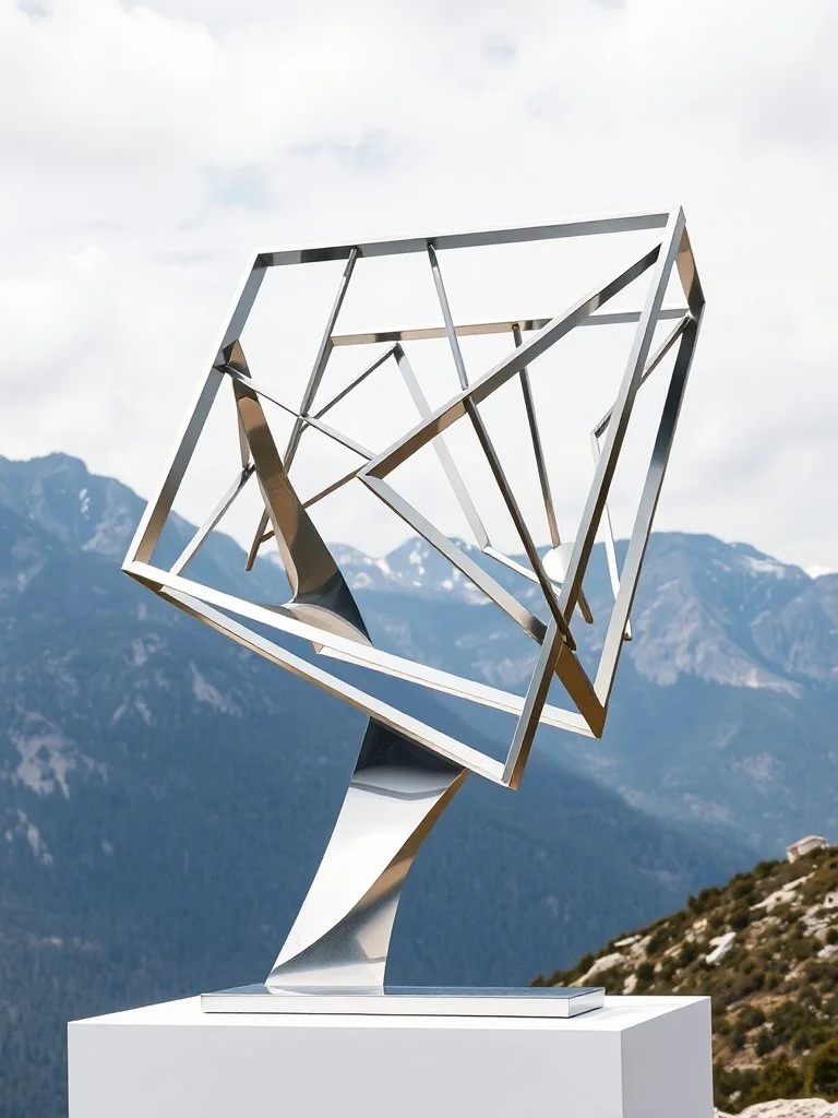 Modern abstract metal sculpture of a cube, supported by a twisted metal base, with mountainous landscape in the background.