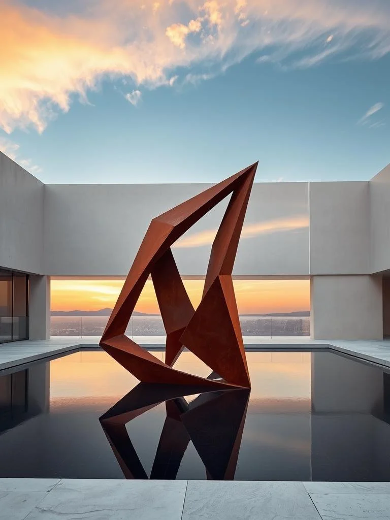 Modern geometric sculpture in rust color, reflected in a pool of water, with a sunset sky in the background.