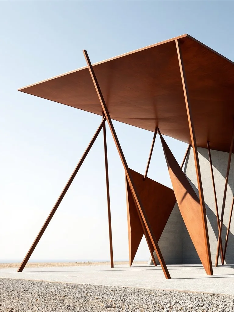 Modern architectural structure with large rust-colored metal panels supported by thin, angled metal beams, set against a clear blue sky and a barren landscape.