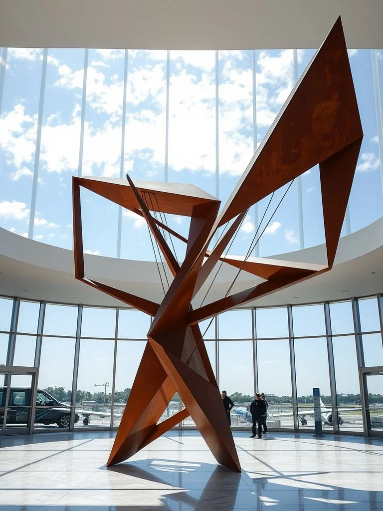 Large abstract wooden sculpture inside an airport terminal with floor-to-ceiling windows and a view of the tarmac outside.