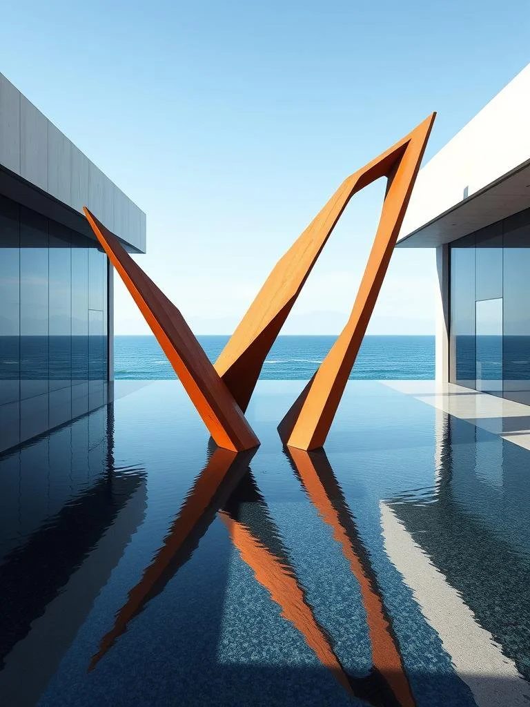 Modern architectural sculpture with angular wooden beams, water feature, glass walls, and ocean view.