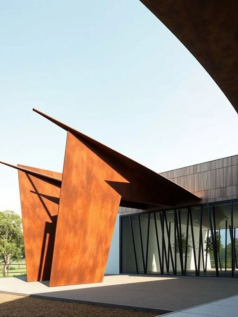 Modern building with rust-colored angular metal art sculptures in front, glass windows, and outdoor lighting on a concrete patio with trees in the background.