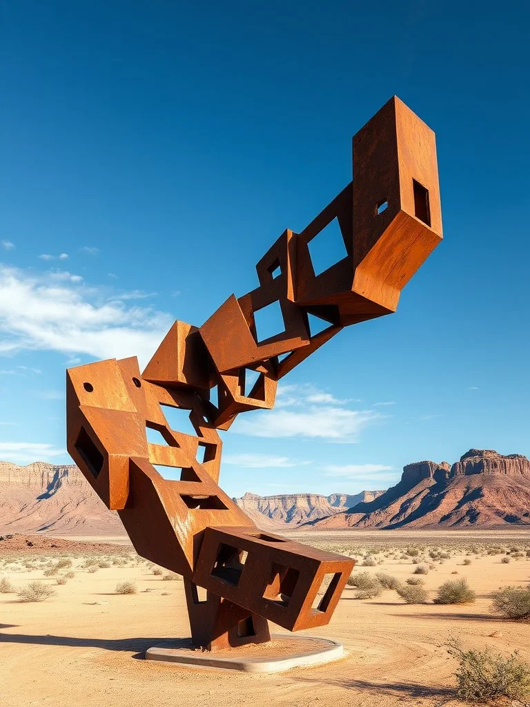 A large rust-colored abstract metal sculpture with geometric shapes, set in a desert landscape with mountains in the background and clear blue sky.