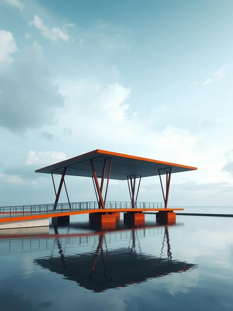 Modern pavilion with orange accents over water, reflection visible, cloudy sky.