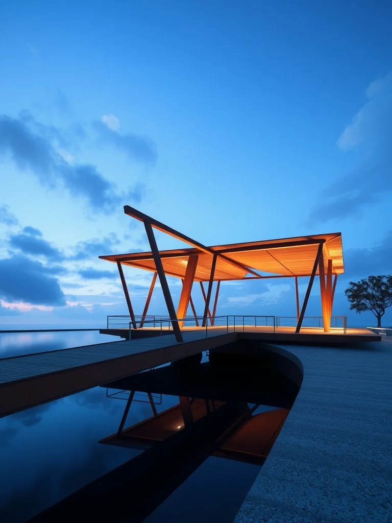 Modern architectural pavilion with wooden panels and angled supports, illuminated at dusk, reflected in a pool of water, with a tree in the background.