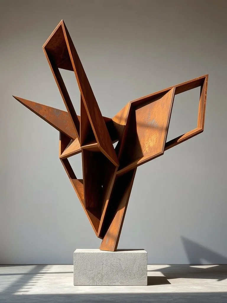 Abstract rusty metal sculpture with geometric shapes on a white platform